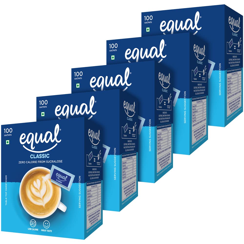Equal Classic Zero Calorie Sweetener, Sugar Free, Calorie Control, 100 Sachets, Pack of 5