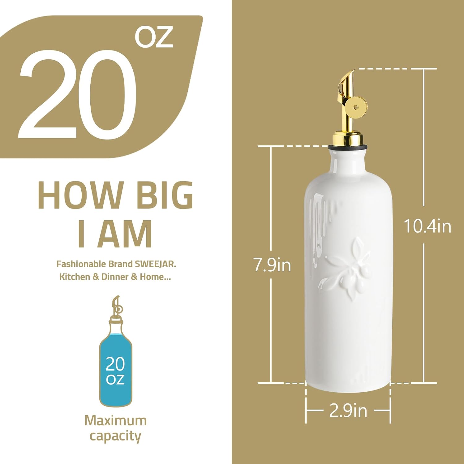 Sweejar Ceramic Olive Oil Dispenser Bottle for Kitchen Counter, 20 oz Oil Dispenser with Gold Spout, Avocado Oil Cruet for EVOO, Vinegar, Oil Container for Cooking, Pack of 1 (Beige)