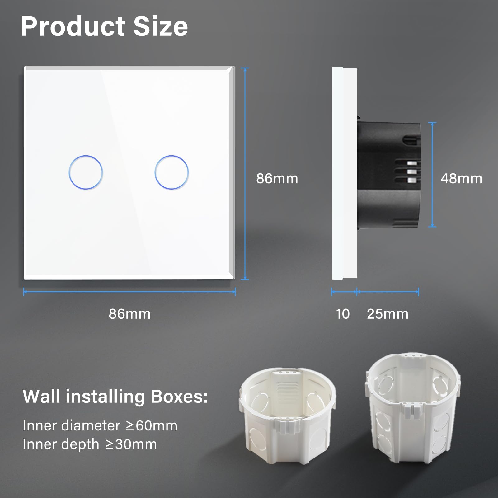 BSEED Touch Light Switch, Tempered Glass Panel with LED Backlight, No Neutral Wire Required, Non-WiFi,2 Gang 1 Way-2 Pack,86mm White - Image 4