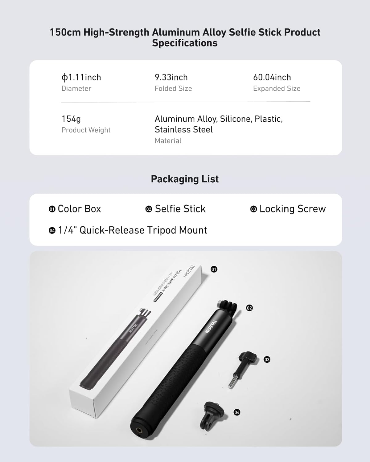 TELESIN 60" Selfie Stick for GoPro, Portable Extended Vlog Invisible Pole for GoPro Hero 13 12 11 DJI Action 6 5 4 Osmo Nano/360 Insta360 Xtra Muse Handheld Monopod for Travel, Action Camera Accessory