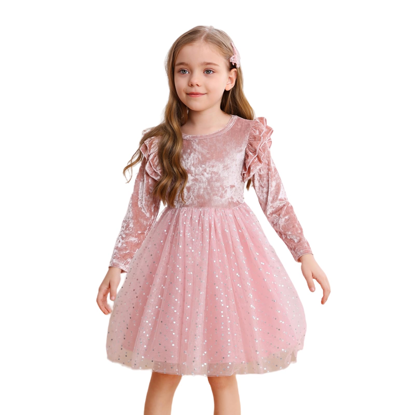 Qiraoxy Las niñas Vestido de Manga Larga con Volantes de Terciopelo de Lentejuelas Vestido de Tul Fiesta de cumpleaños Vestido de Princesa para niña de 3-8 años