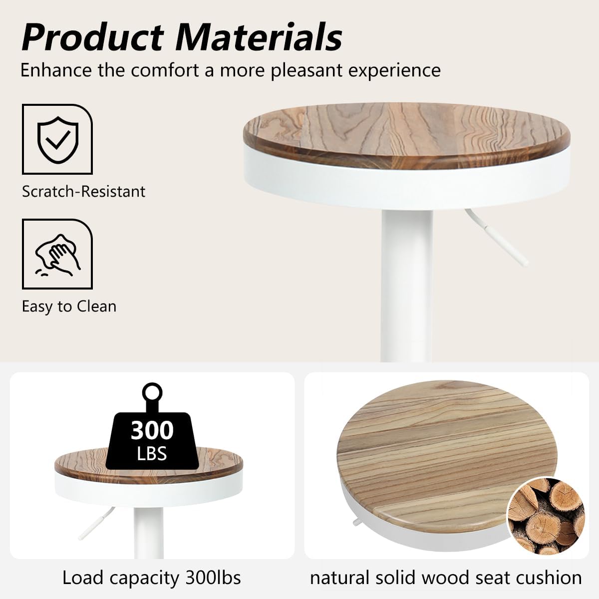 Kidol & Shellder Bar Stools Set of 2 White Round Adjustable Swivel Barstools Modern Backless Bar Chairs Wooden Seat Counter Height Stools Armless for Kitchen Island, Cafe, Dining Room