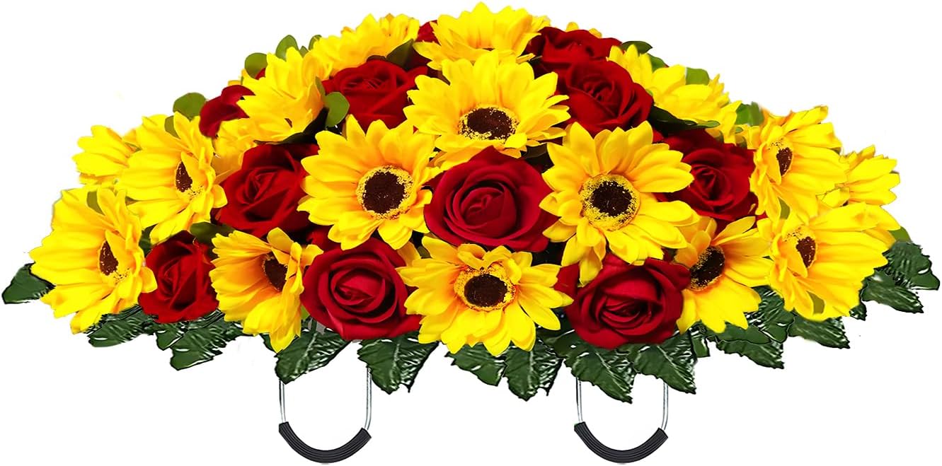 Artificial Summer Autumn Sunflower Cemetery Flowers Outdoor Grave Decorations Saddle Arrangement for Headstone,Outdoor Tombstone Memorial Decorations, Easy Fit (Yellow Red)