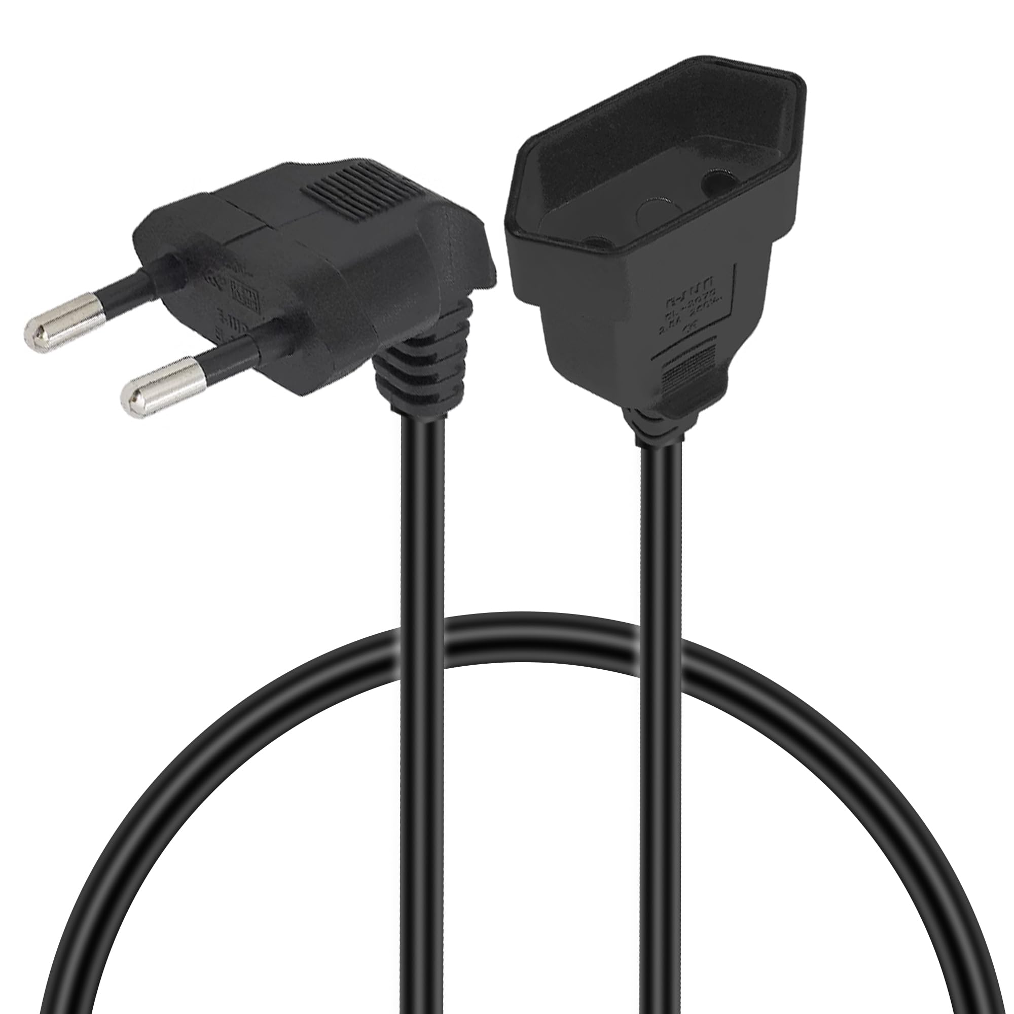 deleyCON 2m Cavo di Prolunga con Spina Tipo F (CEE 7/7) Angolato a 90° a Spina (CEE 7/3) - Cavo di Alimentazione per TV, PC, Computer, Proiettore - Nero