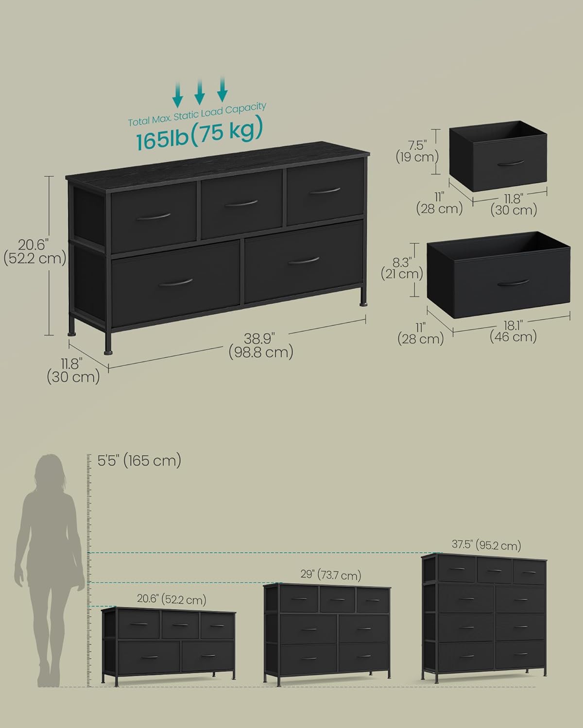 Diagram showing the dimensions of the dresser and individual drawers, along with static load capacity