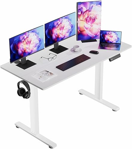 Escritorio eléctrico de altura ajustable, escritorio de pie sentado de 48 x 24 pulgadas, escritorio ergonómico para computadora con 2 ganchos para