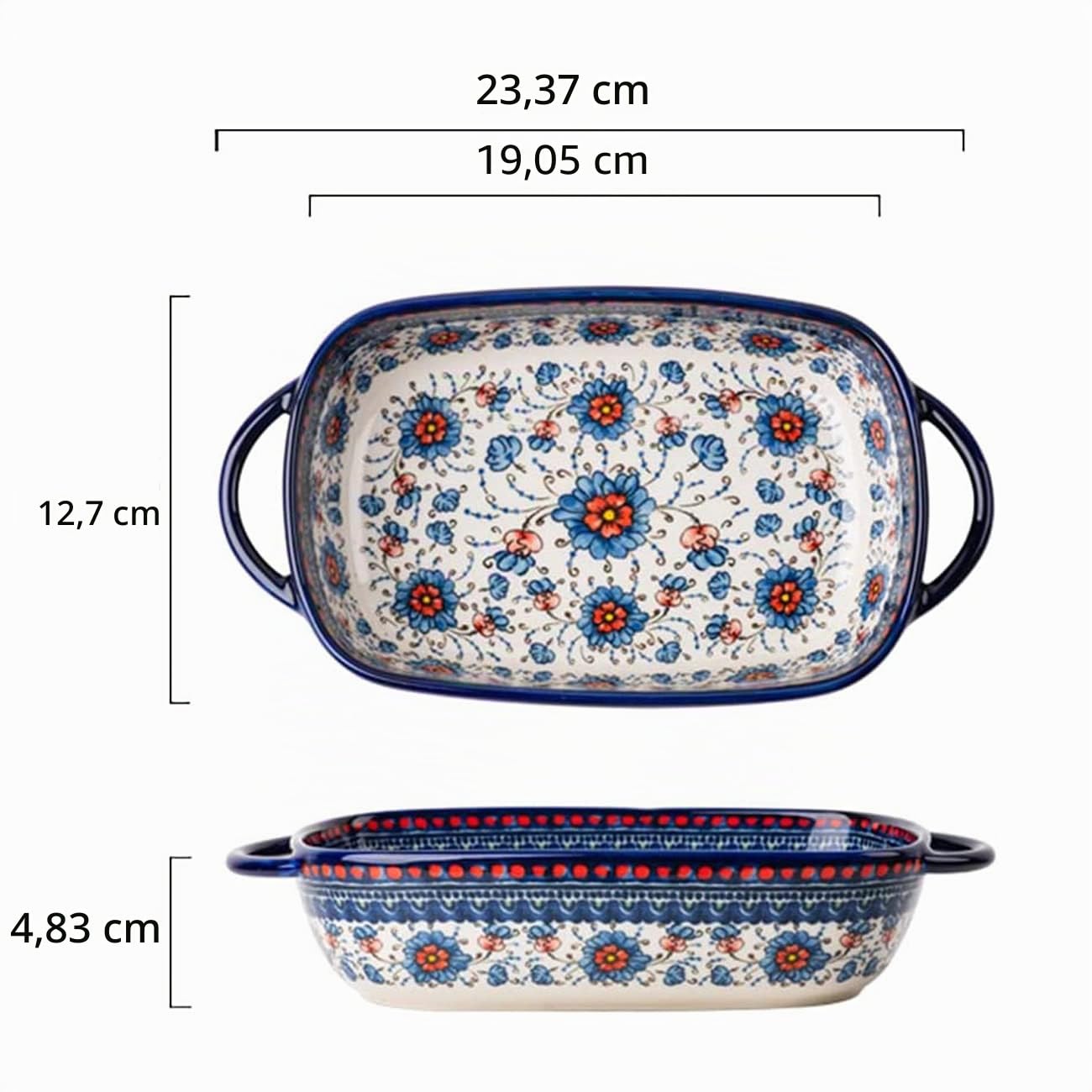 Plat à lasagnes en céramique de style vintage avec poignées pour four/cuisine/cuisine Bleu et orange 650 ml