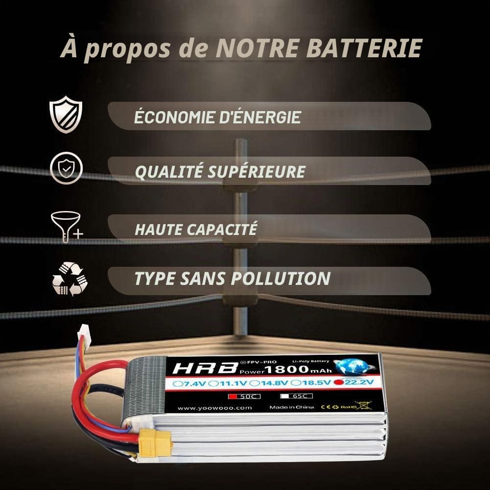 HRB 2pcs Batterie LiPo 1800mAh 6S 22.2V 50C avec XT60 au connecteur Deans T pour SAB380 Align 470 ALZRC Devil 380 480 Hélicoptère Avion Voitures Camion Buggy Truggy Drones Multicopter