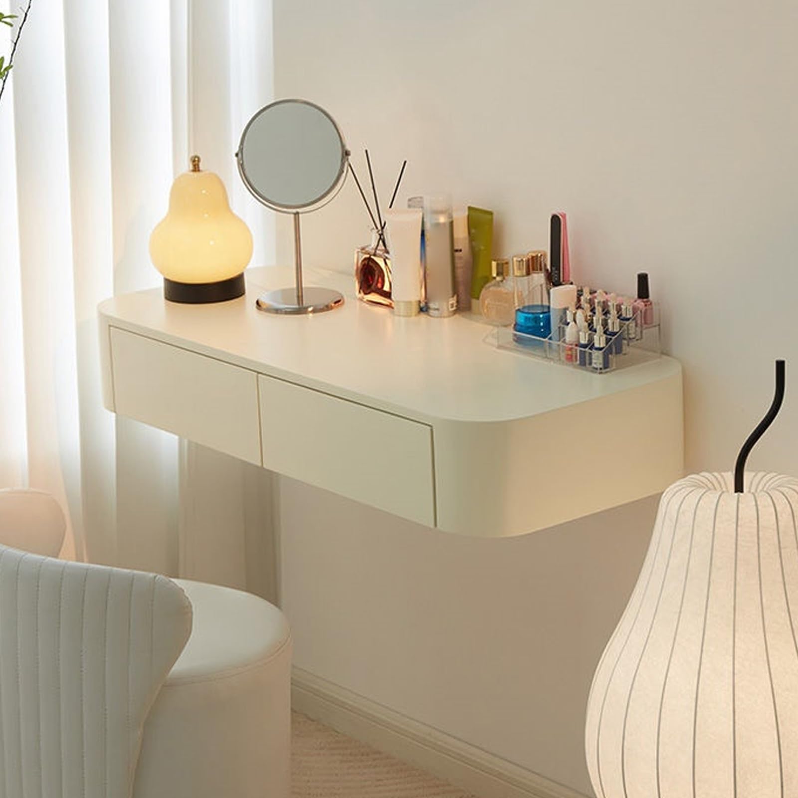 asdchZen Modern Floating Vanity Makeup Table With Wall-Mounted Corner Desk Stylish Suspended Dressing Table For Bedroom Storage And Nization Space-Saving Design