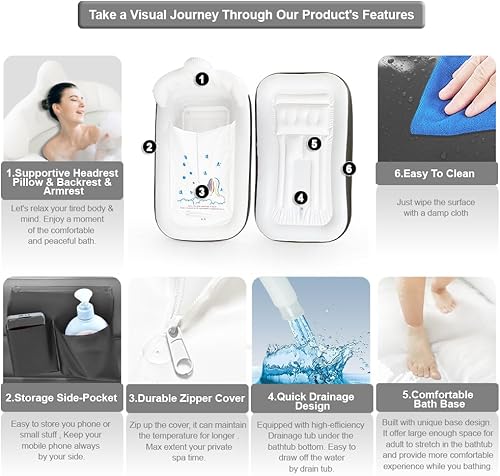Miniatura 7 de Bañera inflable con bomba y almohada de baño, bañera de hidromasaje plegable independiente para exteriores e interiores, con cubierta de drenaje,