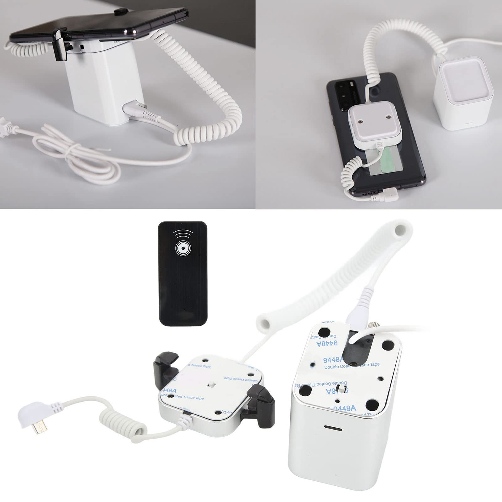 Soporte de exhibición, soporte antirrobo, alarma de seguridad de 95 a 120 dB, descarga de control remoto infrarrojo de carga rápida para exposición (para puerto Android, sin garra) 8