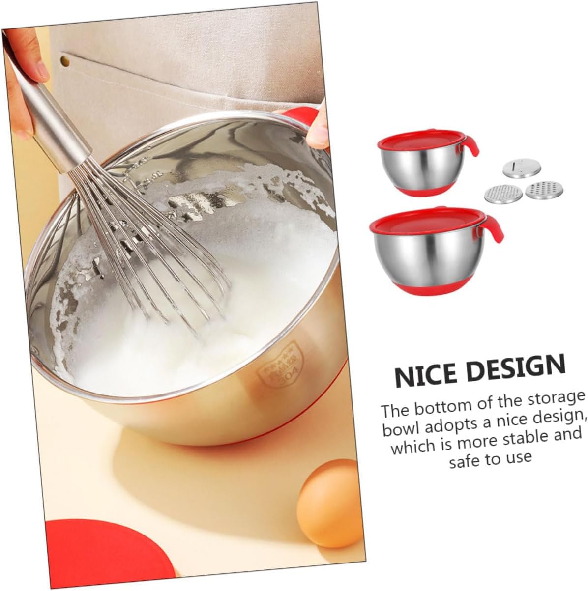 BESPORTBLE Stainless Steel Mixing Bowls Set with Red Handle Food Mixing and Storage Bowls Silicone Non-slip Base Lettered Lids and 3 Graters Multi-function Kitchen Prep for Baking and Salad