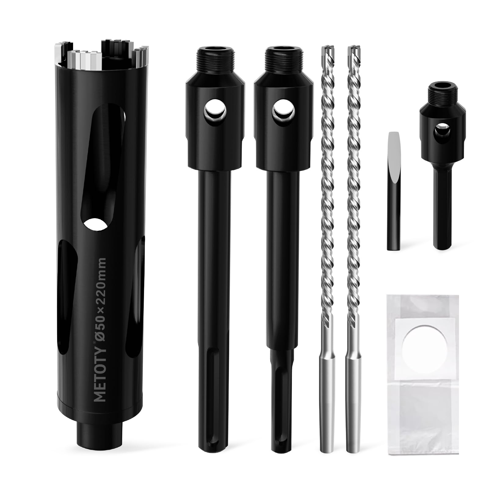 METOTY 50 mm Diamond Drill Bit, Socket Drill, Crown Drill, with Sds Plus Shaft 220 mm, Sds Max 220 mm, Hex Shank 110 mm Centre Drill 10 x 240 mm for Concrete, Solid Brick, Hollow Brick, Masonry etc. — image 1