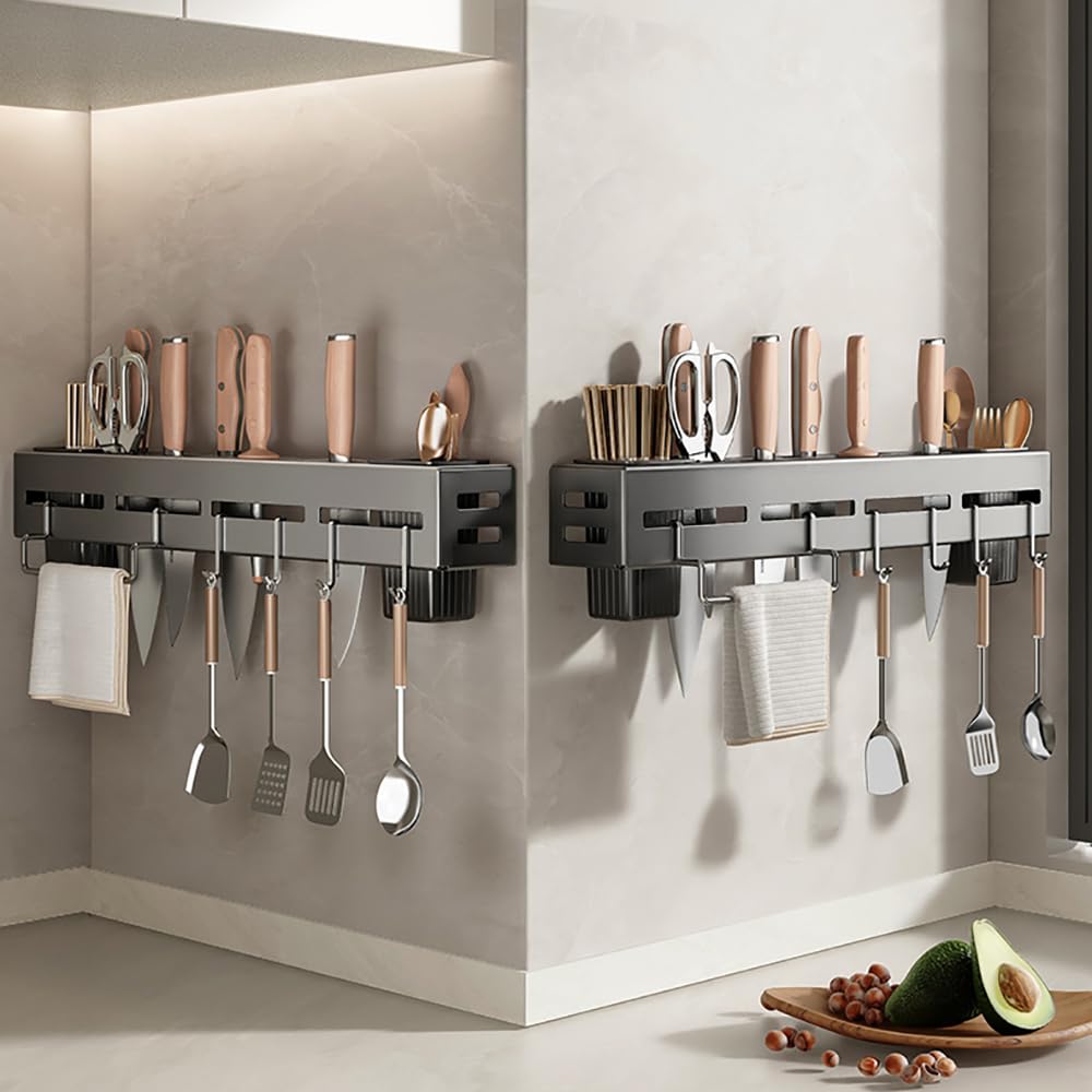 Portacoltelli A Parete 40cm Nero | 6 Ganci Con Installazione Adesivo O Viti