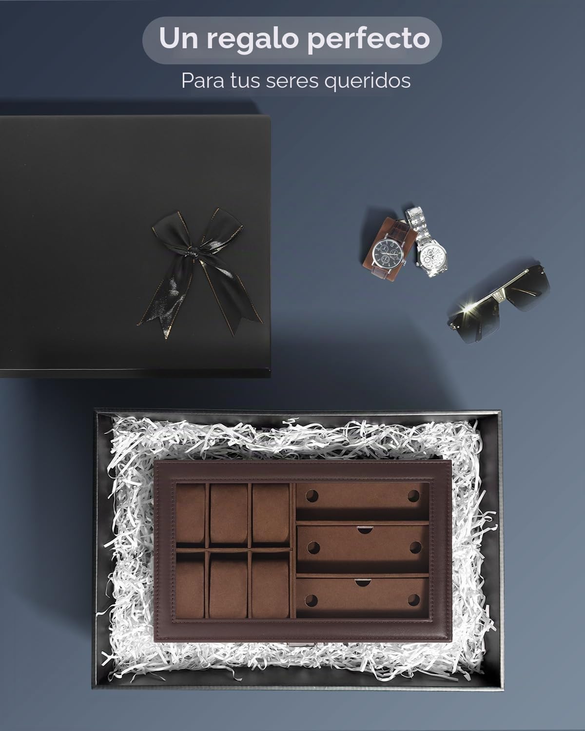 Kukikan Joyero organizador de relojes, caja de reloj y gafas de sol con tapa grande de cristal, 6 ranuras y 2 capas, joyero para hombre con cerradura, soporte para reloj, regalo para hombres y mujeres