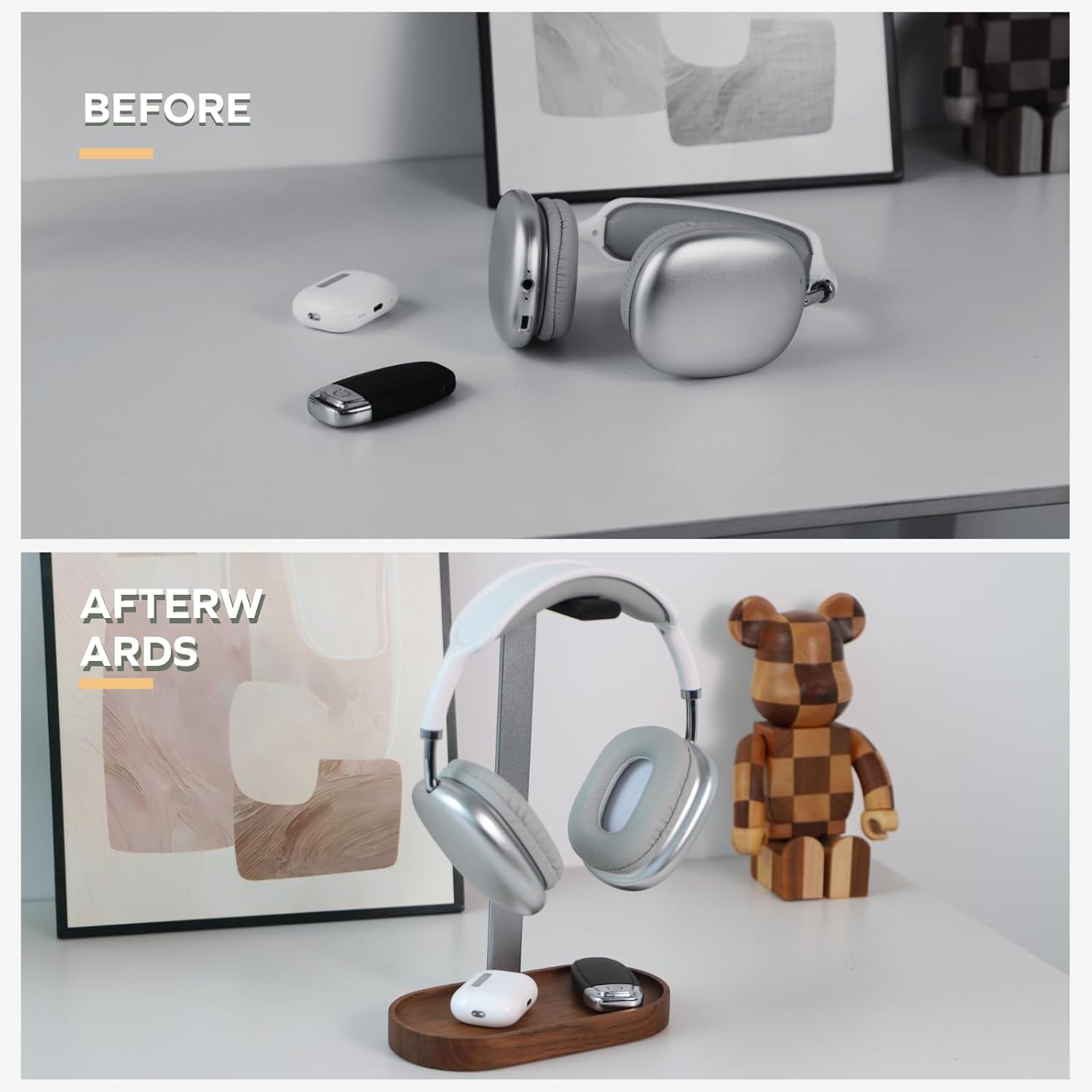 muso wood Headphone Stand & Desktop Headset Holder | Space-Saving Premium Solid Wood Storage Base for Gaming Headsets, AirPods Max, VR Gear – Modern Desktop/Workspace Essential - Image 4