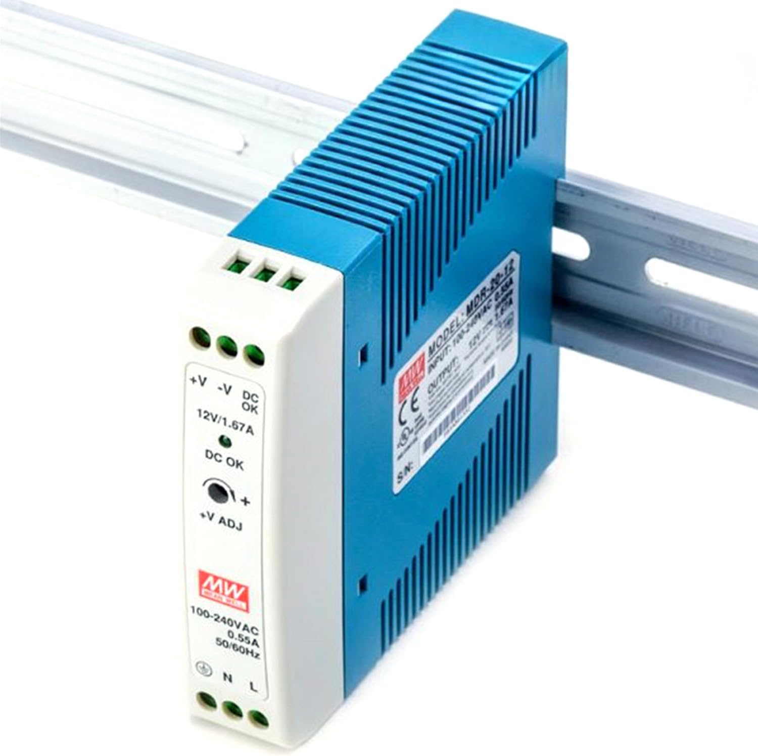MDR-20-12 DIN Rail Power Supply, 12V 1.67A 20W, Universal AC Input, Built-in DC OK Signal, <0.75W Standby, UL Certified, for Industrial Automation