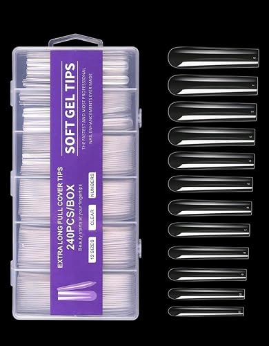 240pc purgle Long Square Nail Tips, Full Cover Soft Gel Nail Tips Pre-Etched 3XL Square Clear Acrylic False Nail Fake Nail Extension Press On for Salon Home DIY 12 Sizes