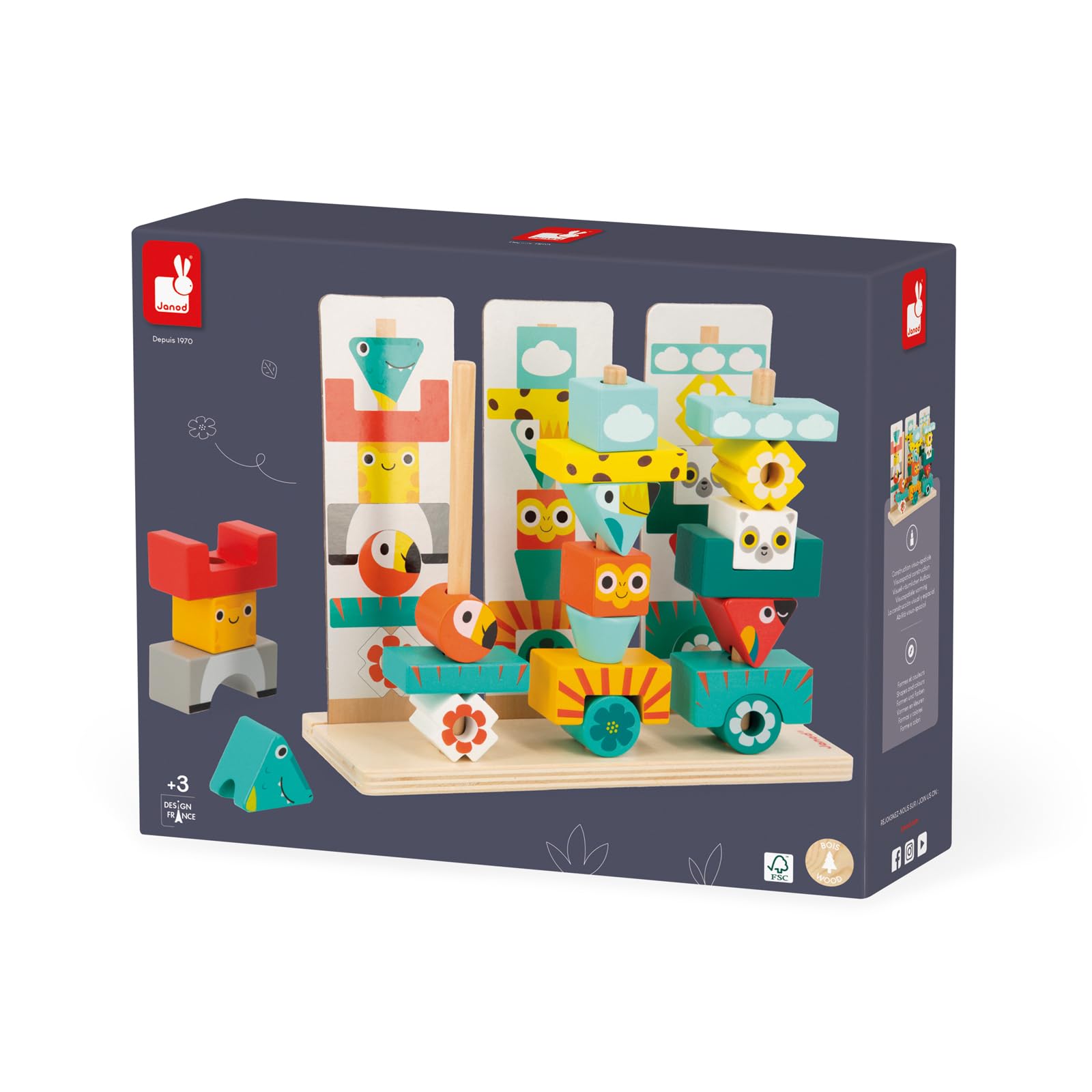 Janod Jeu Totem Tropik Jouet Enfant Bois FSC 52 Pièces à Empiler 12 Modèles Jeu Educatif Dès 3 Ans