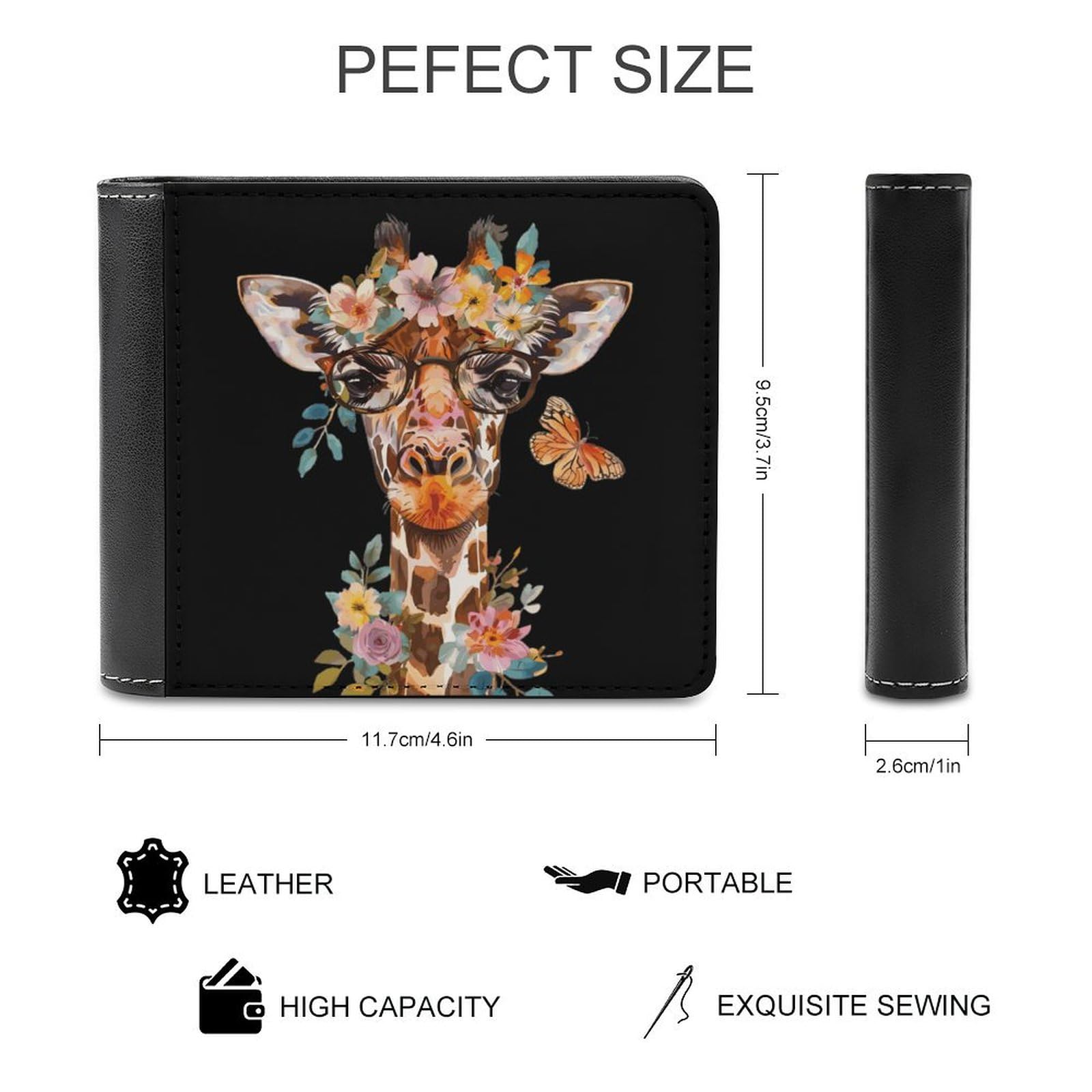 Giraffe Butterfly Flowers Funny Billfold Wallet Credit Card Holder Slim Passcase Pouch Purse for Men Women