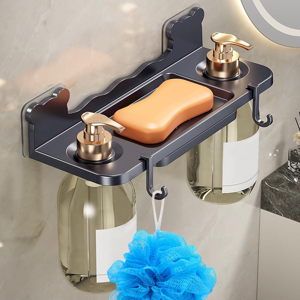 HMIEPRS Shampoo and Conditioner Dispenser, Drill Free Wall Mounted Shower Soap Dispenser, Shampoo Bottle Holder Plastic 3 Chamber for Bathroom Kitchen Toilet