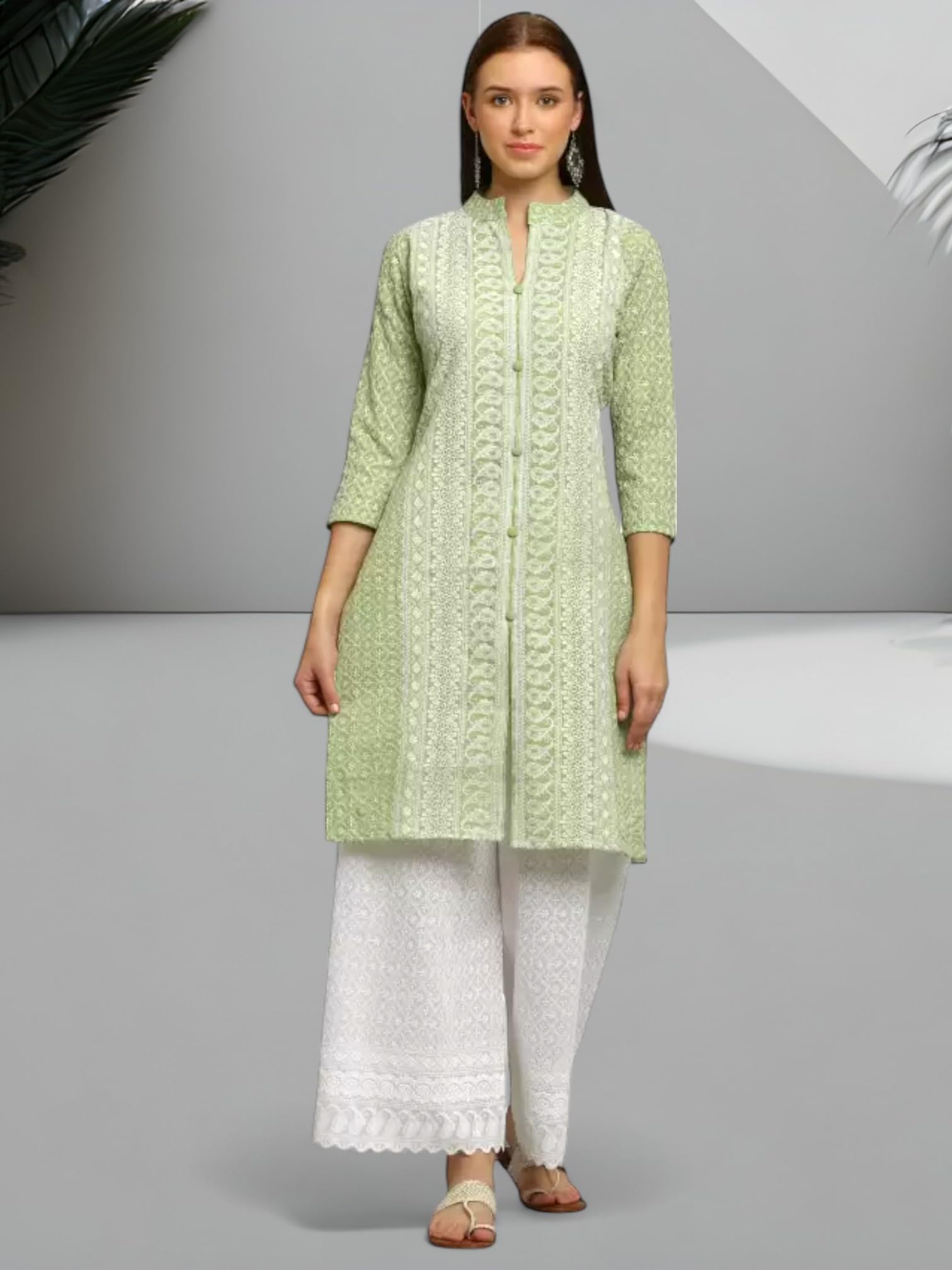 RangMahal Damen Baumwolle Indisch Handgefertigt Lucknowi Chikankari Kurta Palazzo Set Traditionelle Kleidung