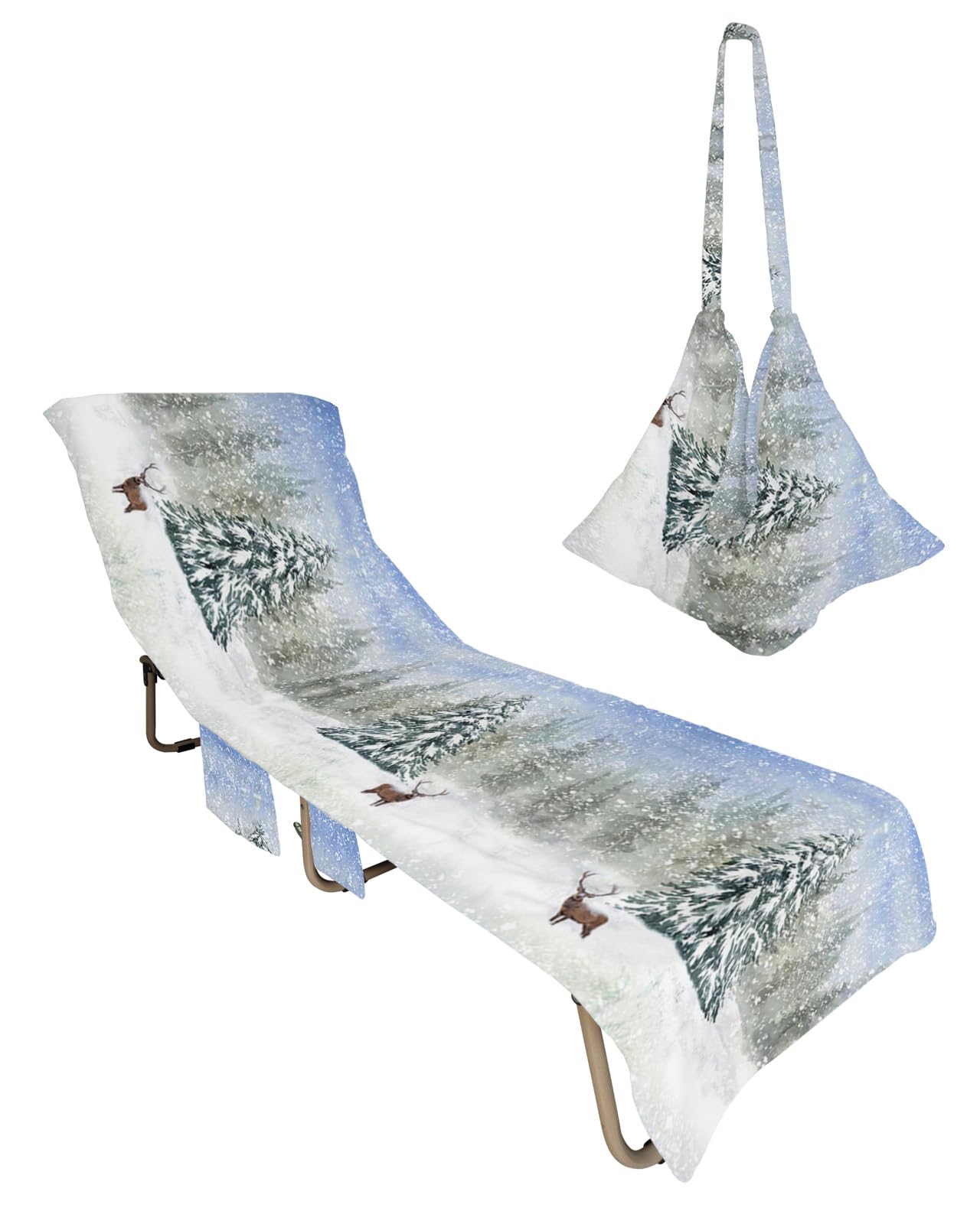 Christmas Beach Lounge Chair Towel Cover, Soft Chaise Lounge Towel with Side Pockets Patio Pool Chairs Cover for Beach/Pool Sunbathing 29x85 Xmas Tree Elk Winter Snowflake