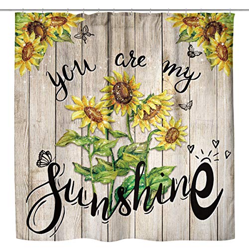 Kewwe Sunflower Wooden Shower Curtain Rustic Farmhouse Floral Spring Blooming 60Wx72H Inch You are My Sunshine Countryside Waterproof Polyester Fabric Bathroom Decorations with 12 Hooks