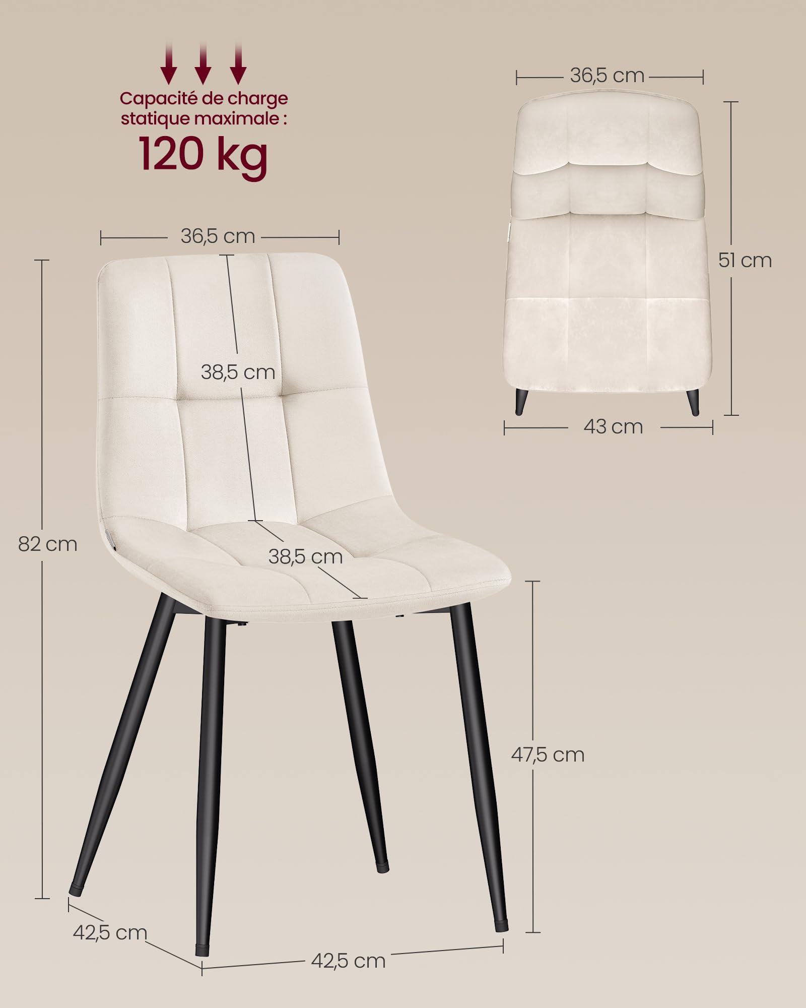 VASAGLE Chaises de Salle à Manger en Velours, Supporte 120 kg Chacune, Chaises de Cuisine avec Pieds Réglables, Style Moderne, Rembourrées, pour Salon, Lot de 4, Beige Cappuccino KDC080LH01