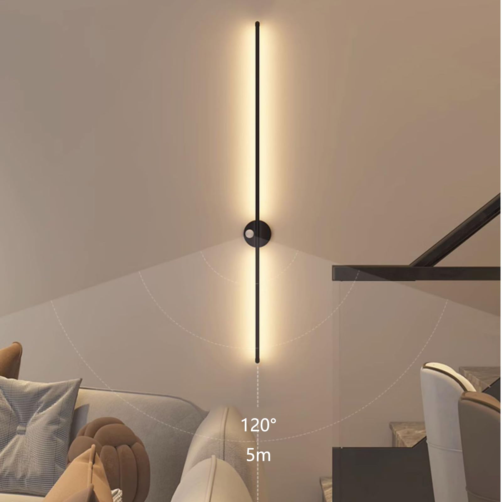 LED Indoor Wandlampe mit Bewegungsmelder Wandleuchte Lange Lichtleiste Design Wandbeleuchtung Kreative Dekorative Wandleuchten Aluminium für Schlafzimmer Wohnzimmer Balkon (Schwarze,80cm)