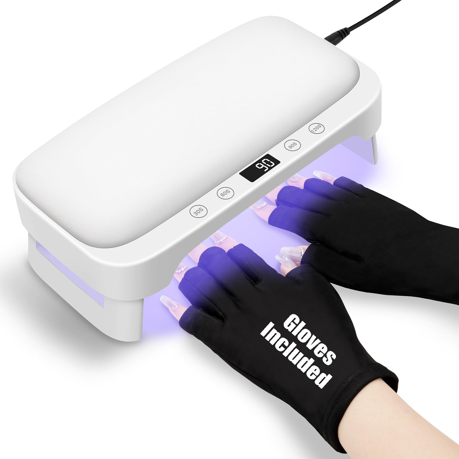 Lampada UV per Unghie con Bracciolo e Guanti UV: Professionale LED Lampada per Unghie, 4 Timer Asciugatrice Pieghevole con Poggiamano per Unghie Smalto Gel per Casa e in Salone, Bianco