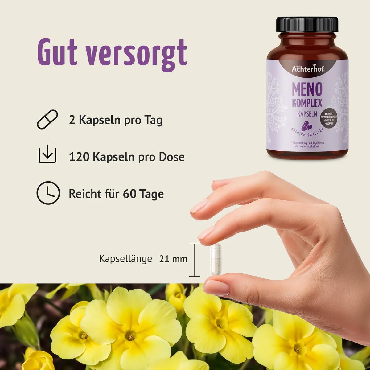 Meno Komplex Kapseln 120 Stück | mit Yams, Hopfen, Nachtkerzenöl und Salbei | Begleiter während der Menopause | Achterhof