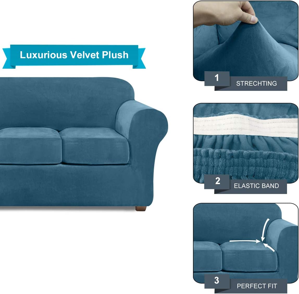 NORTHERN BROTHERS Velvet Couch Covers for 3 Cushion Couch Stretch 4 Piece Sofa Slipcover (Peacock Blue): Home & Kitchen