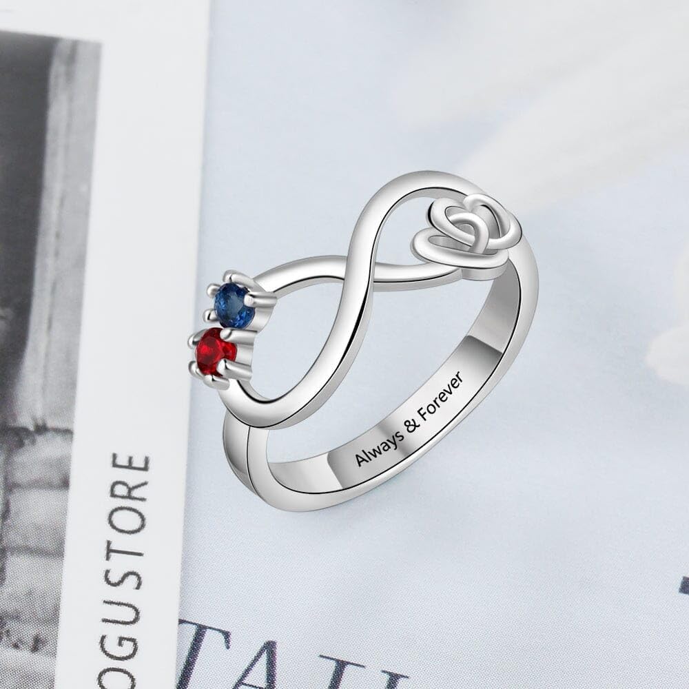 PaulaMax Jewelry Infinity Promise Ring for Her – Custom Engraved Birthstone Ring for Women in Sterling Silver – Personalized 2 Round Birthstones, Sizes 5-9