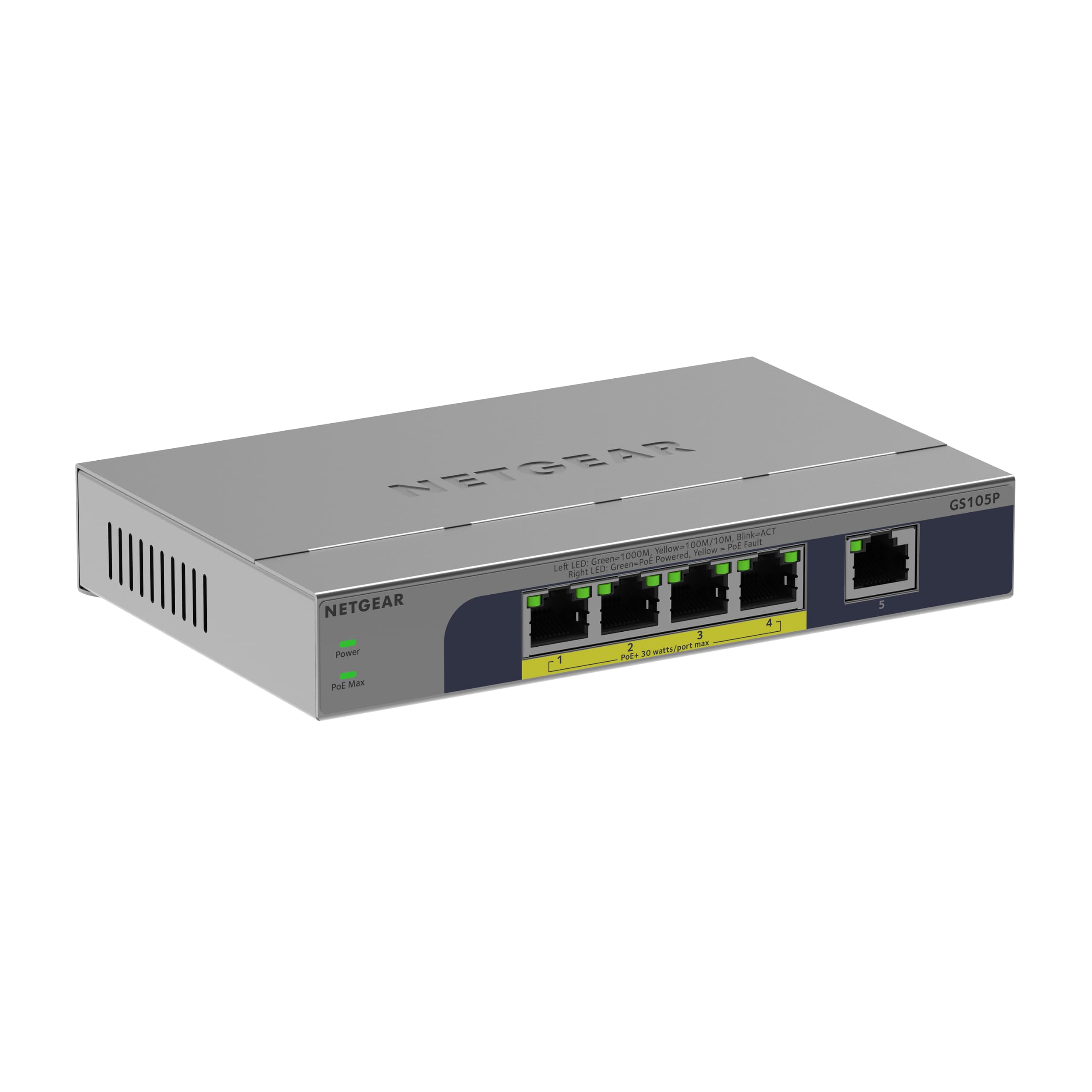 NETGEAR Switch Non manageable 5 Ports Gigabit Ethernet PoE+ (GS105P) - avec 4 PoE+ à 63 W, PoE Dynamique, sans Ventilateur, Montage sur Un Bureau ou Mural