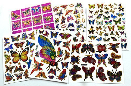 Asian 108 Markets Butterfly002-6 Different Sheet Butterfly Glitter Gold Metallic Foil Reflective Craft Self-adhesive Sticker Decorative Scrapbook for Kid, Birthday Party, Card, Diary, Album