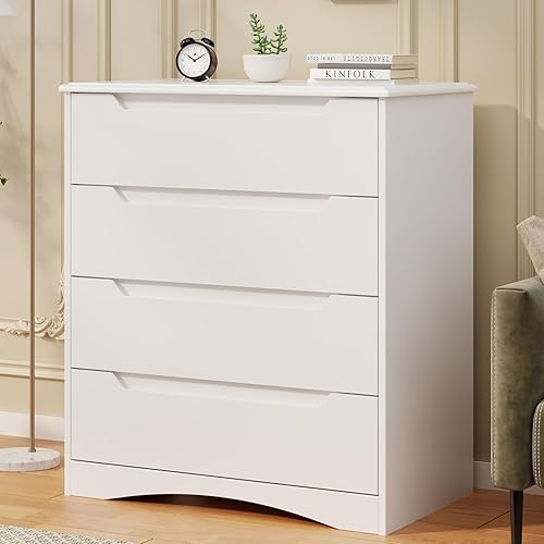 Bealife Cómoda para dormitorio, cómoda de 4 cajones cajonera con dispositivo antitropiezos, cómoda blanca para armario con asas empotradas,