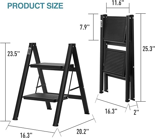 Miniatura 4 de BOCOM Escalera de 2 escalones, ligera, portátil, plegable, plegable, resistente, de hierro con pedal ancho antideslizante, capacidad de 330 libras,