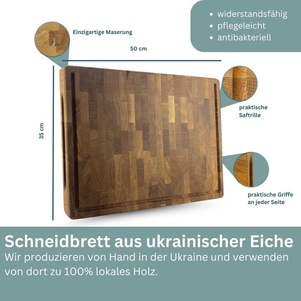 Waldmeister Schneidebrett - Eichen Hackblock - Holzbrett groß - Tranchierbrett mit Saftrille - Küchenbrett klingenschonend - (50x35cm)
