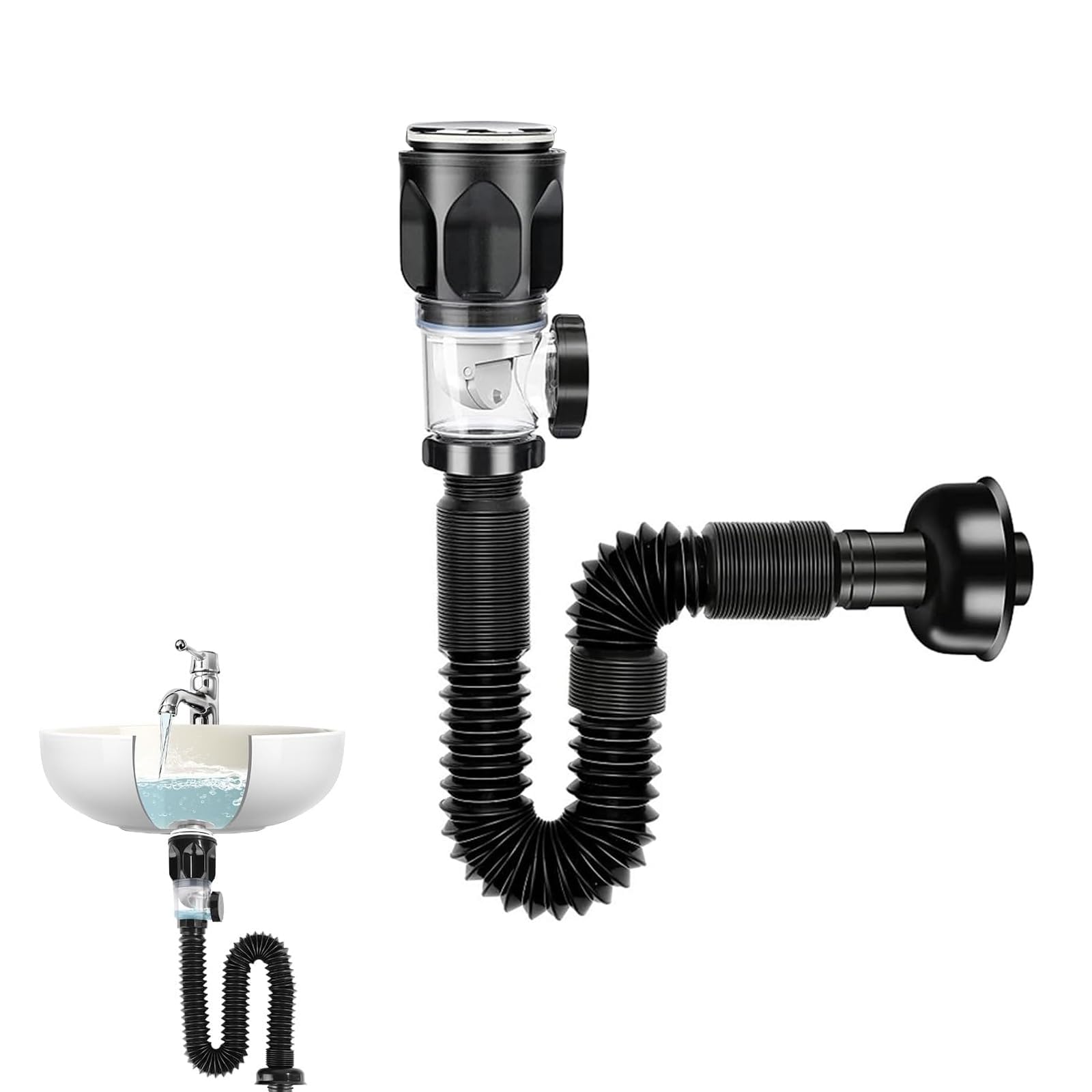 Sink Drain Fitting with Overflow, Azonee Pop-Up Drain Valve & Flexible Siphon Pipe, Black PVC Waste Water Pipe for Kitchen and Bathroom Sinks