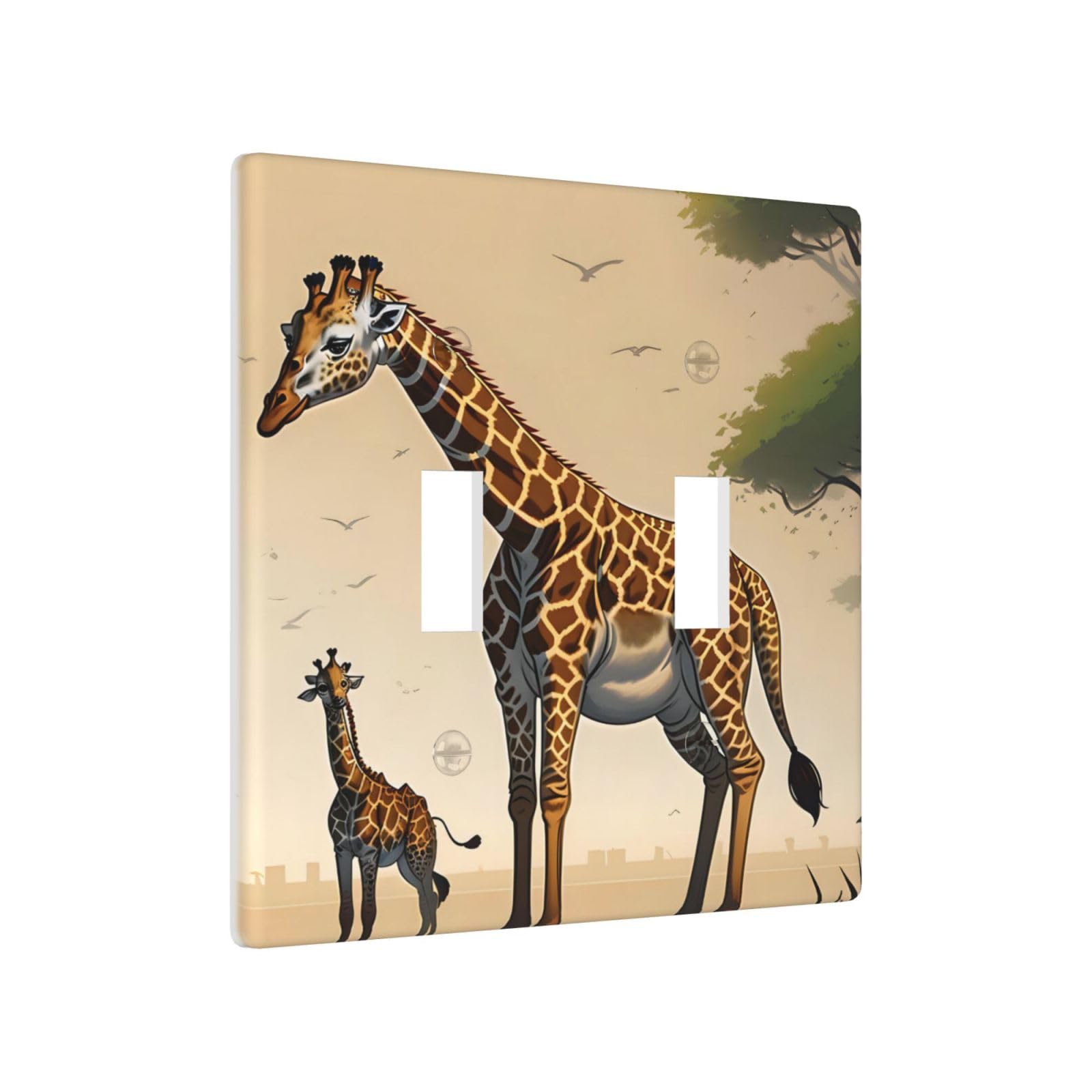 Mother and child giraffe Durable Decorative Wall Plate Double Switch Cover - PC Material for Living Room, Kitchen, Bedroom