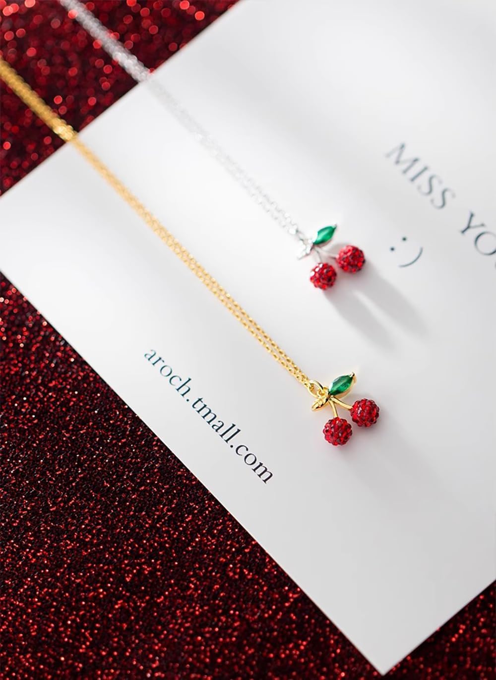 Cute Red Cherry Pendant Necklace for Women Girls 925 Sterling Silver Cubic Zirconia Paved Crystal Fruit Green Leaf Adjustable Chain Choker Necklaces Exquisite Jewelry Gifts for Her with Gift Box - Image 6