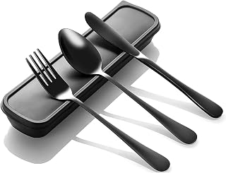 4 Piezas Cubiertos Camping de Acero Inoxidable, Negro Cubierto para Llevar, Juego de Cubiertos para Acampar, Portátil Cubierto para Ilevar al Trabajo, para Acampar, Trabajo, Exterior, Viajes