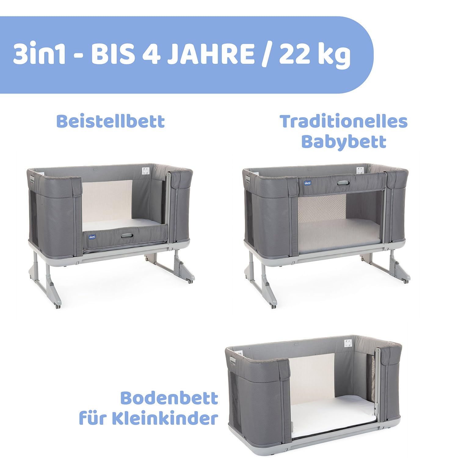Chicco Next2Me Forever 3-in-1 Babybett für Neugeborene bis 4 Jahre, verstellbare Höhe, inklusive Matratze