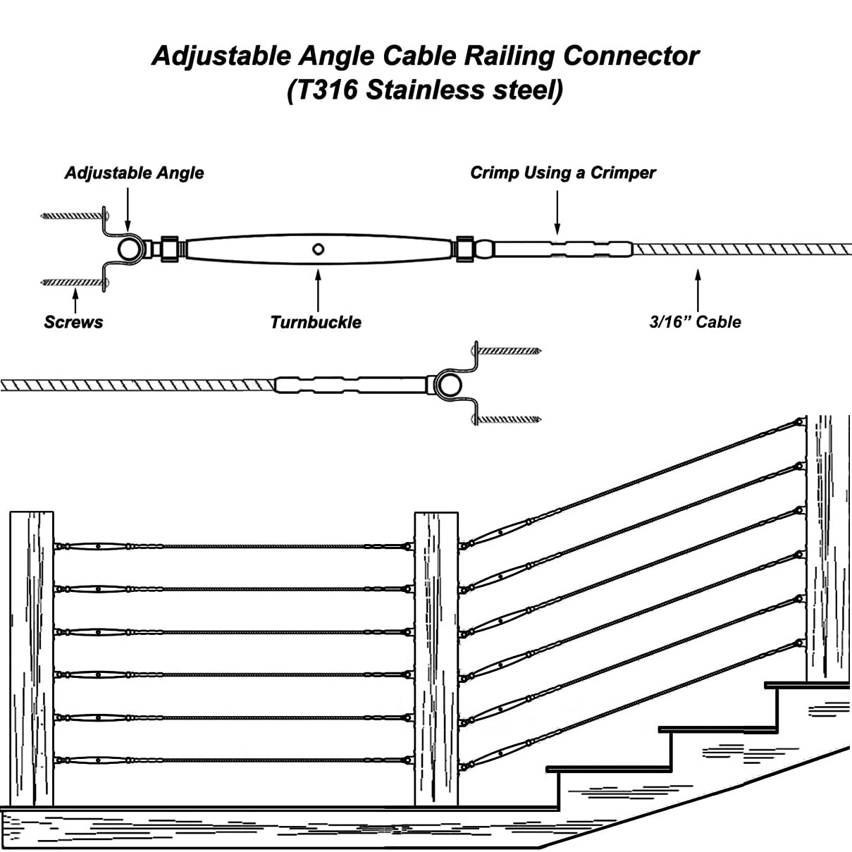 Black Stainless Steel Cable Railing Hardware Kit for 3/16 Cable Railing System with Adjustable Angle T316 Marine Grade Thick Plate 20 Pairs