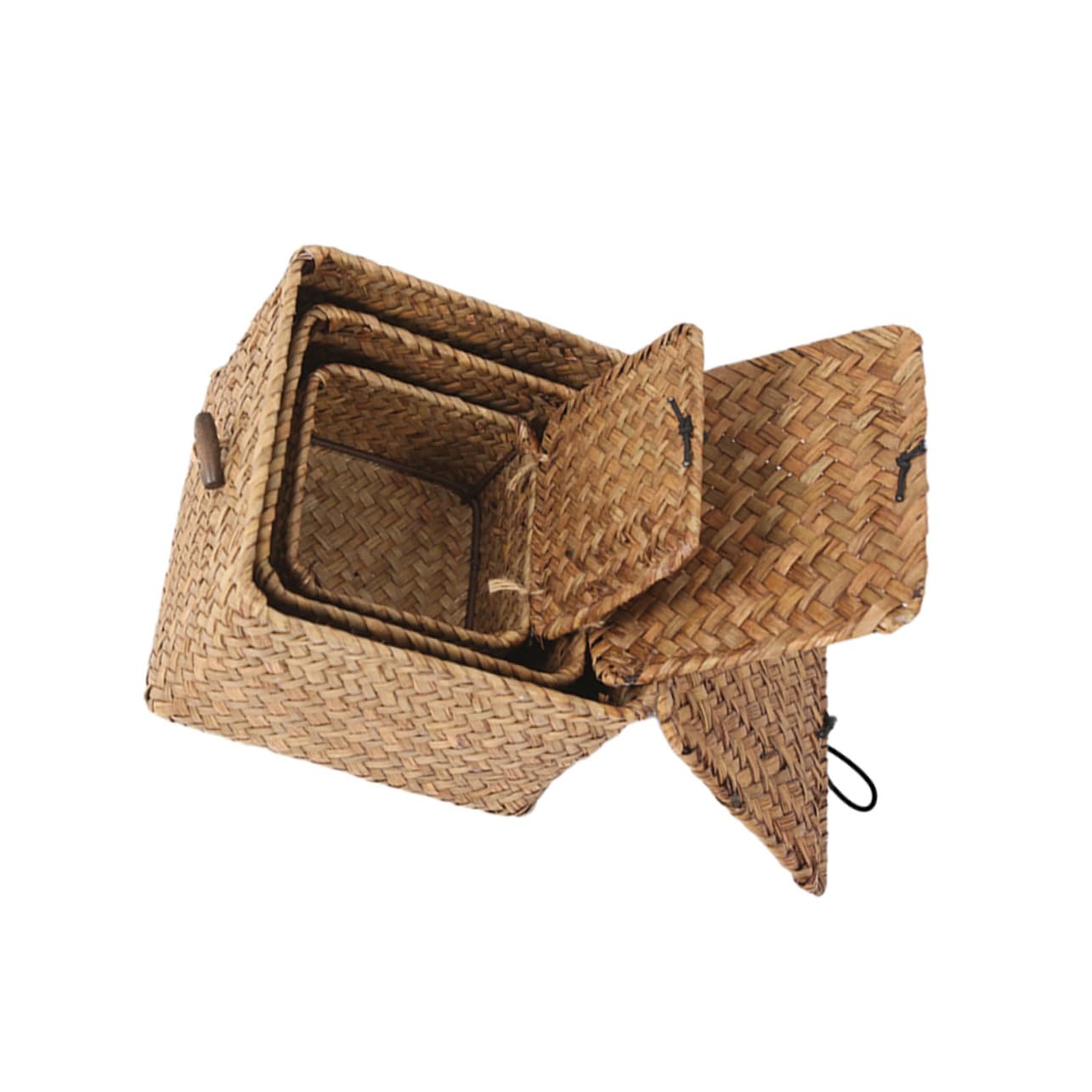 Lot de 3 paniers de rangement en paille tressée avec couvercle vintage