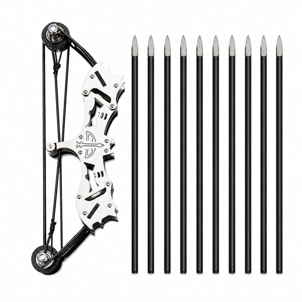 Mini Compound Bow Set, 9 Inch, Black and Silver, Stainless Steel, Dual Pulley System, Ambidextrous, for Hunting and Target Practice