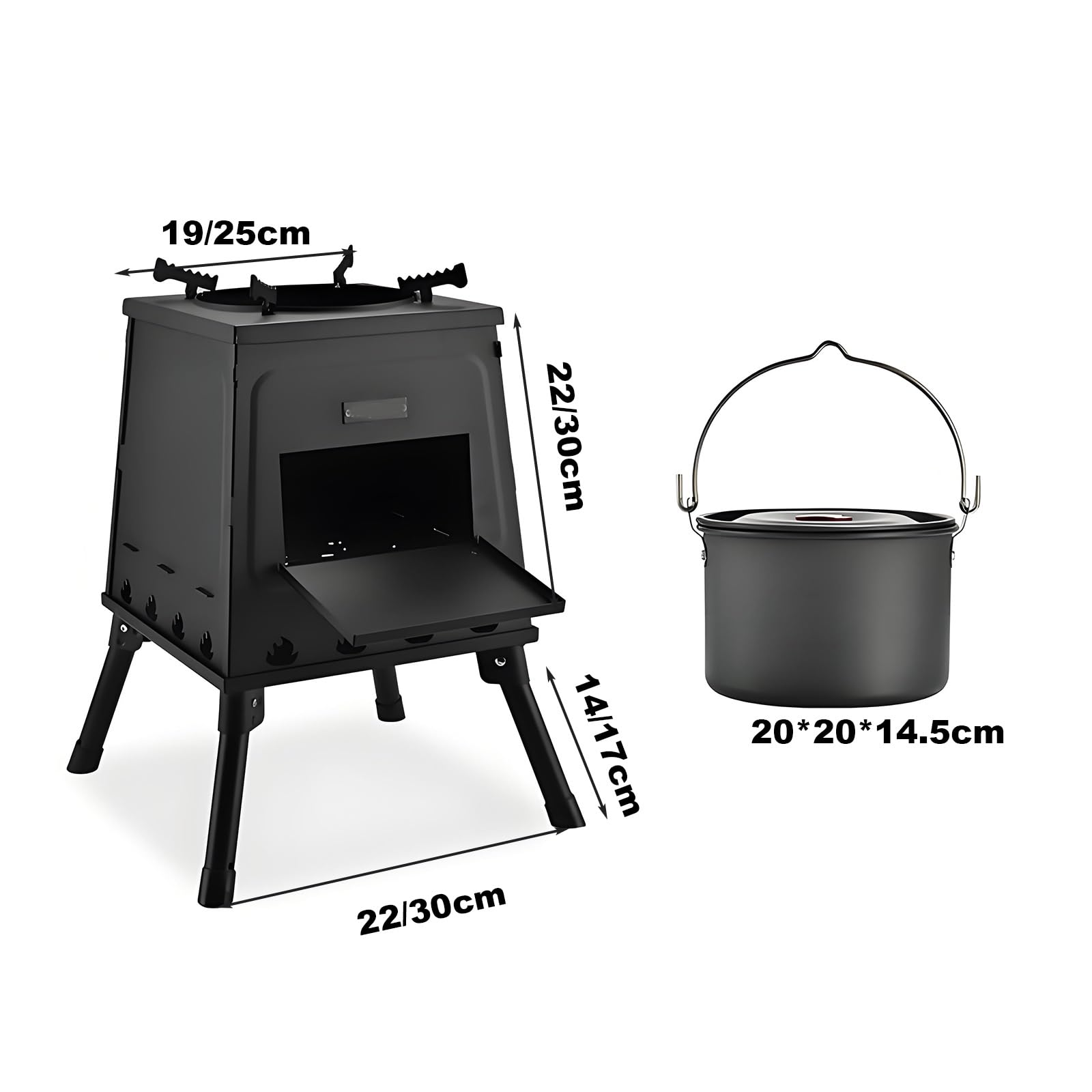 Stufa a Legna Portatile In Ghisa per Campeggio Stufas In Acciaio al Carbonio a Riscaldamento Rapido con Gambe Pieghevoli e Accessori(22 * 19 * 36cm)