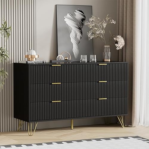 BVFUKA Black Dresser, Modern Dresser for Bedroom, 6 Drawer Dressers with Wide Drawers and Gold Handles, Storage Chest of Drawers for Living Room Hallway Entryway