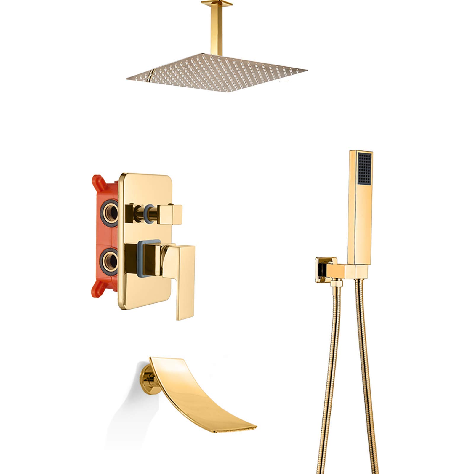 CWCQGH Gold Rain Mixer Shower Combo Set Ceiling Mounted Bathroom Shower Faucet Set with Rainfall Shower Head, Handheld Shower, Waterfall Tub Spout,8 Inches,8 Inches